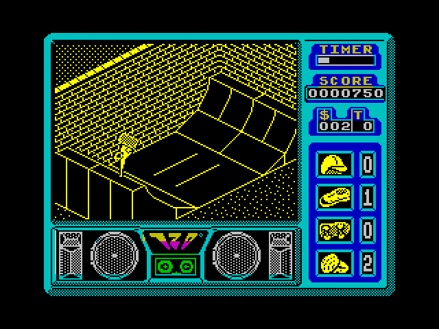 720º ZX Spectrum Screenshot: Performing stunts on the half pipe.