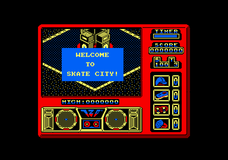 720º Amstrad CPC Screenshot: Welcome to Skate City!