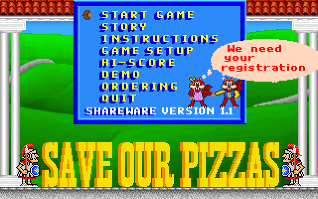 Save Our Pizzas IBM PC/Compatibles Screenshot: The main menu (shareware version 1.1)