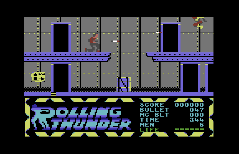 Rolling Thunder Commodore 64 Screenshot: You can also jump up to the second level platforms.