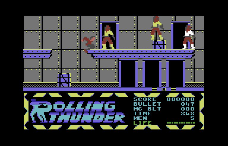 Rolling Thunder Commodore 64 Screenshot: Enemies become more numerous and difficult as the game progresses.