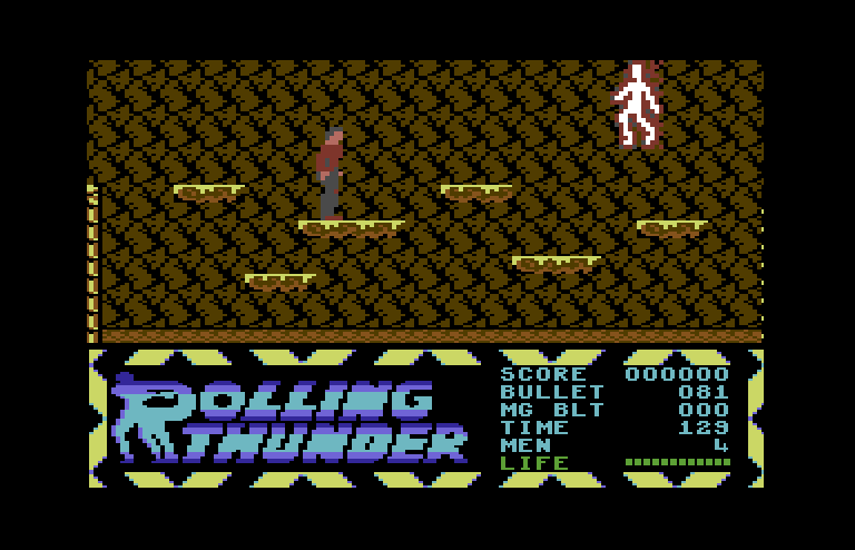 Rolling Thunder Commodore 64 Screenshot: Shoot those floating glowing things before they attack you!