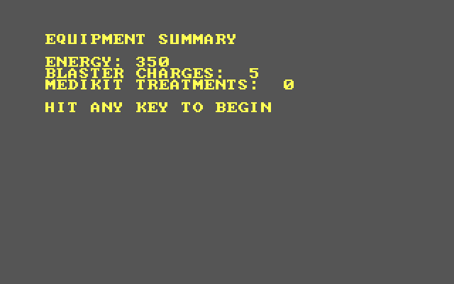 StarQuest: Rescue at Rigel IBM PC/Compatibles Screenshot: Equipment summary.