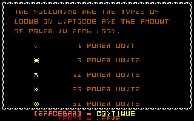 Liptocoe IBM PC/Compatibles Screenshot: Intro; some of the point values.