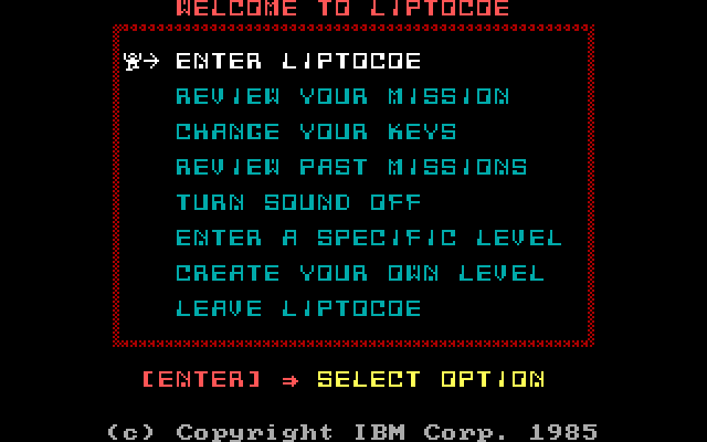 Liptocoe IBM PC/Compatibles Screenshot: The main menu.