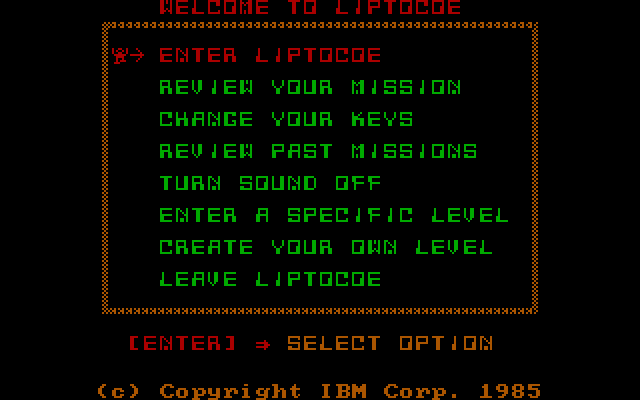 Liptocoe IBM PC/Compatibles Screenshot: The main game menu.