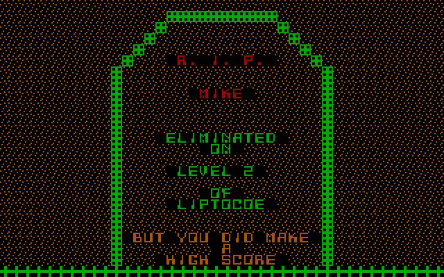Liptocoe IBM PC/Compatibles Screenshot: Game over.