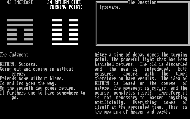 Electric Dragon: The Interactive Version of the I Ching, The IBM PC/Compatibles Screenshot: Return (the turning point).
