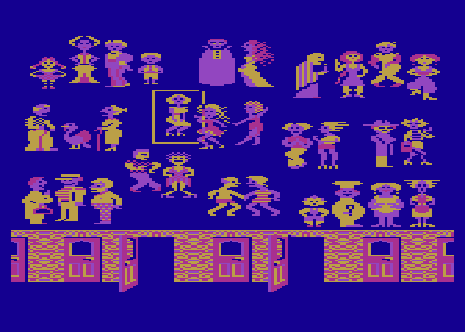 Grandma's House Atari 8-bit Screenshot: Game start; first, select a few characters...