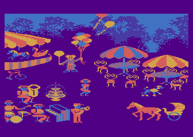 Grandma's House Atari 8-bit Screenshot: Each scene you visit has a different theme.