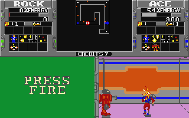 Xybots Atari ST Screenshot: Ouch, I've been hit!