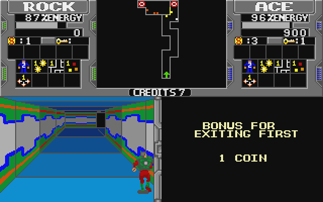 Xybots Atari ST Screenshot: The player on the right made it out first...