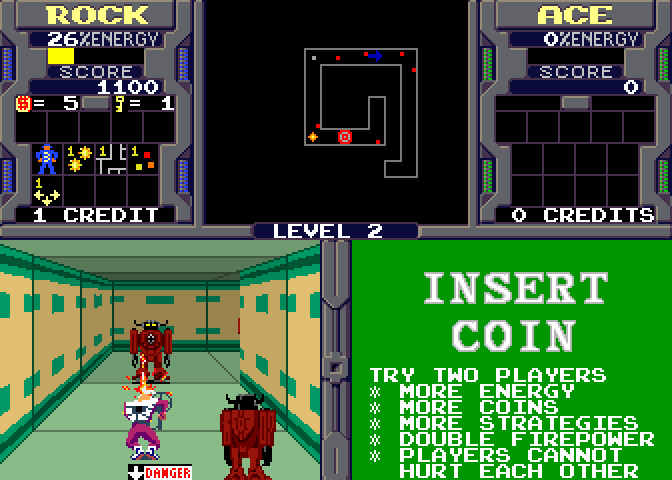 Xybots Arcade Screenshot: Enemy robots appear from all directions...