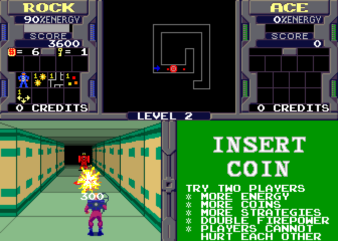 Xybots Arcade Screenshot: One enemy destroyed...