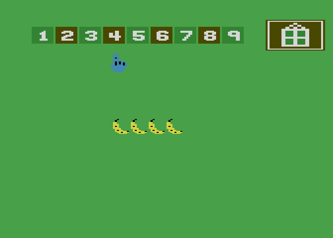 Leaps & Bounds Atari 8-bit Screenshot: Counting bananas.