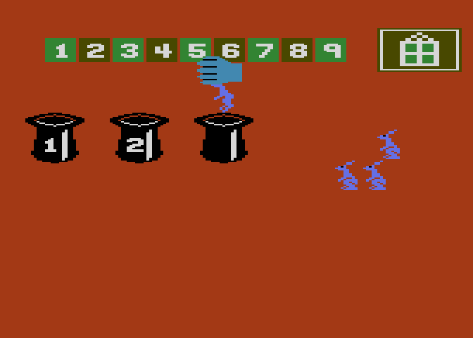 Leaps & Bounds Atari 8-bit Screenshot: Putting the rabbits into hats.