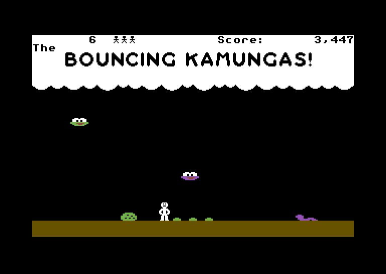 Bouncing Kamungas Commodore 64 Screenshot: There are now two kamungas trying to squash my crops!