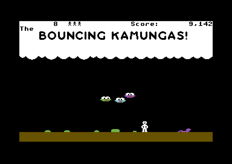 Bouncing Kamungas Commodore 64 Screenshot: Watch out for the snake, it attempts to eat your crops...