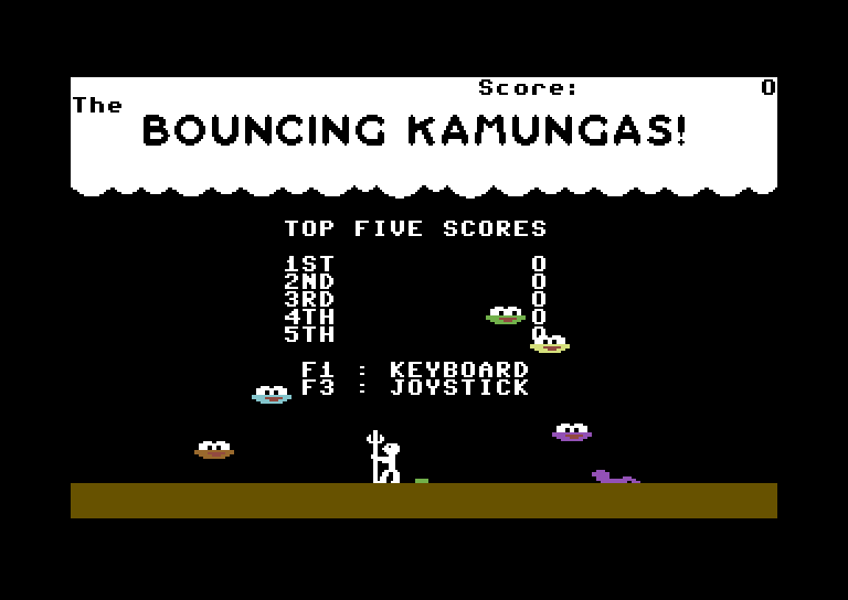 Bouncing Kamungas Commodore 64 Screenshot: Top scores, and select keyboard or joystick to start.
