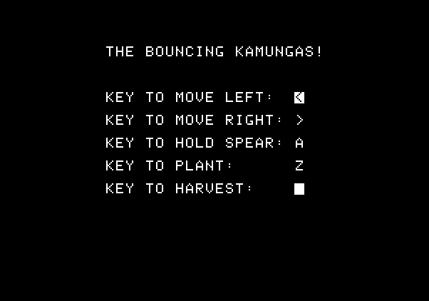 Bouncing Kamungas Apple II Screenshot: Select keys if using the keyboard...