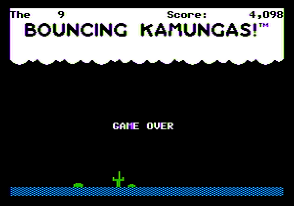 Bouncing Kamungas Apple II Screenshot: Game over.