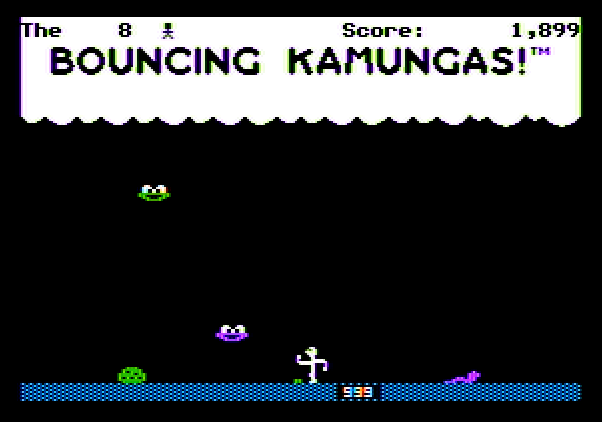 Bouncing Kamungas Apple II Screenshot: Earn bonus points for harvesting your crops.