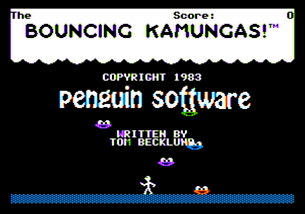 Bouncing Kamungas Apple II Screenshot: Title screen.