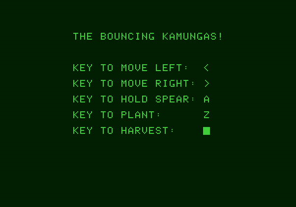 Bouncing Kamungas Apple II Screenshot: Select keys if you want to play with the keyboard.
