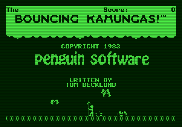Bouncing Kamungas Apple II Screenshot: Title screen.