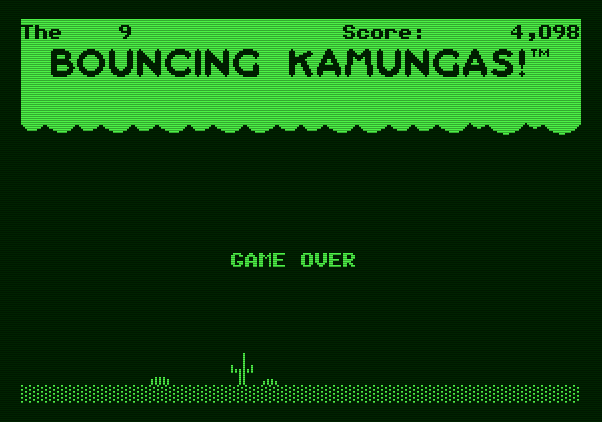 Bouncing Kamungas Apple II Screenshot: Game over.