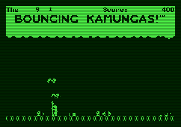 Bouncing Kamungas Apple II Screenshot: Use your pitchfork to defend against the kamungas.