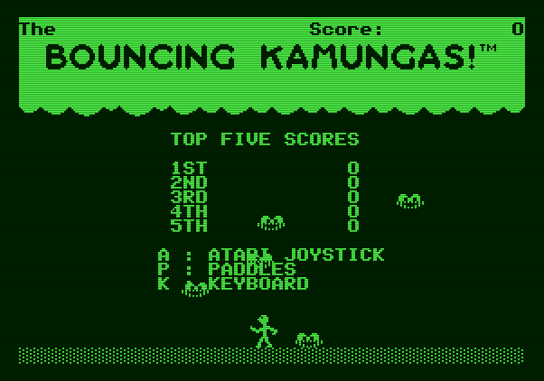 Bouncing Kamungas Apple II Screenshot: High scores; select input device to start the game.