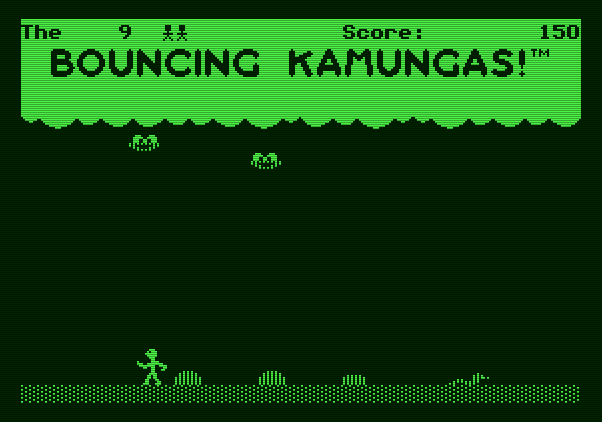 Bouncing Kamungas Apple II Screenshot: Now there's two kamungas at once...