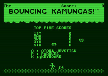 Bouncing Kamungas for Apple II - High scores; select input device to start the game.