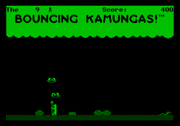 Bouncing Kamungas Apple II Screenshot: Use your pitchfork to defend against the kamungas.