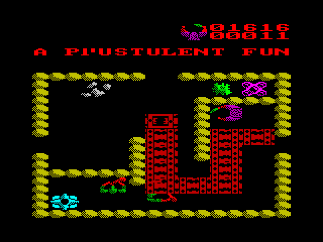 Storm ZX Spectrum Screenshot: The red pattern is some sort of fog; you can walk through it but can't see well.