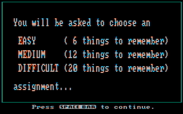 Memory Castle IBM PC/Compatibles Screenshot: Game directions.