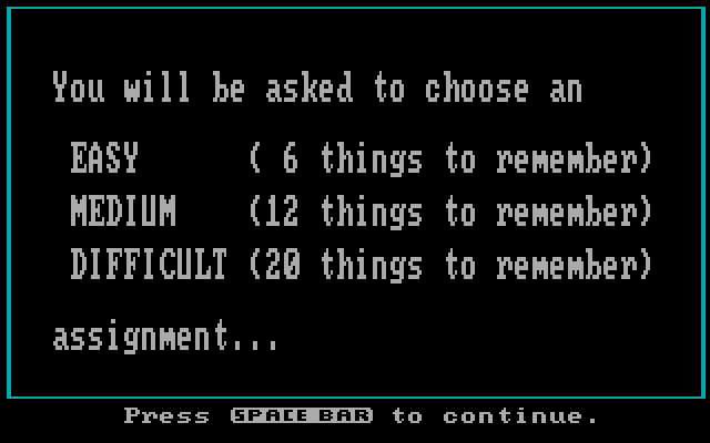 Memory Castle IBM PC/Compatibles Screenshot: Game instructions, part 1...