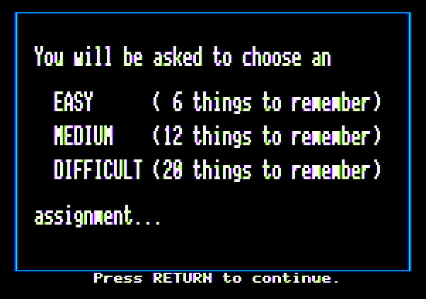 Memory Castle Apple II Screenshot: Game instructions, part 1...