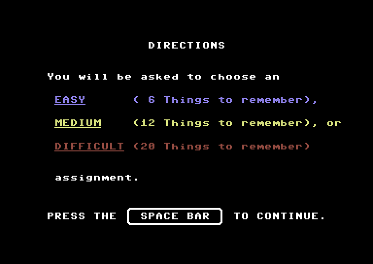 Memory Castle Commodore 64 Screenshot: Game instructions, part 1.