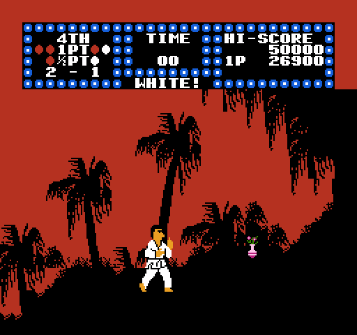 Karate Champ NES / Famicom Screenshot: Kick or punch the incoming vase of flowers...