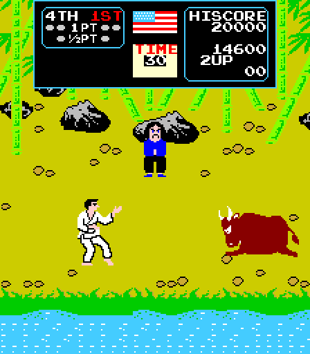Karate Champ Arcade Screenshot: Fight this bull in the challenge stage!