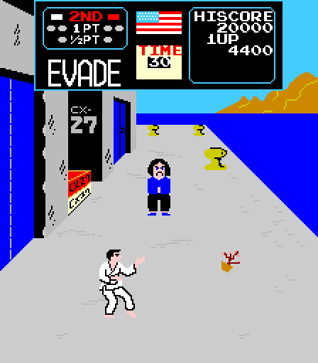 Karate Champ Arcade Screenshot: Bonus round; dodge or destroy these flower pots thrown at you.