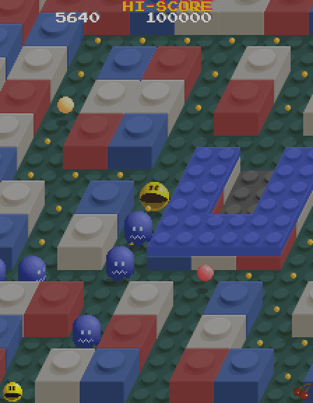 Pac-Mania Arcade Screenshot: You can eat the ghosts when they are blue...