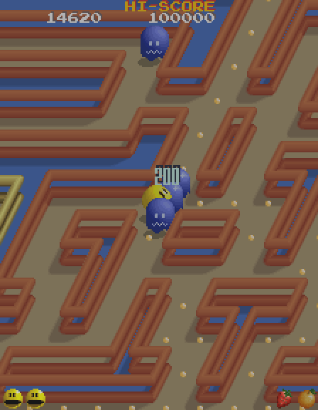 Pac-Mania Arcade Screenshot: Earn bonus points for eating ghosts...