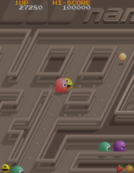 Pac-Mania Arcade Screenshot: A ghost caught me! The screen turns brown...