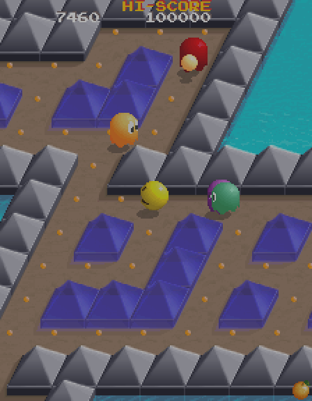 Pac-Mania Arcade Screenshot: Running from ghosts...