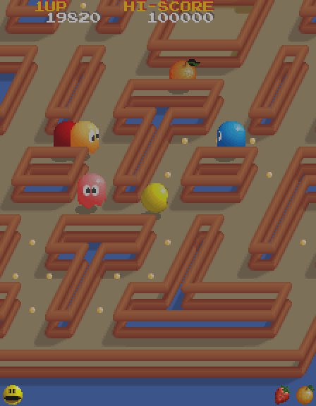 Pac-Mania Arcade Screenshot: There's a bonus fruit! Can I reach it safely for a few bonus points?