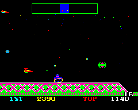 Cosmic Avenger Arcade Screenshot: Shooting at a UFO...