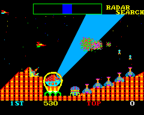 Cosmic Avenger Arcade Screenshot: Radar search!